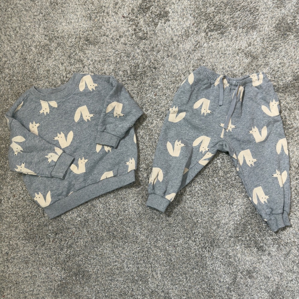 Hanna Andersson Kids Cotton Sweatshirt Jogger Set 2T Gray Fox Print 2pc Outfit